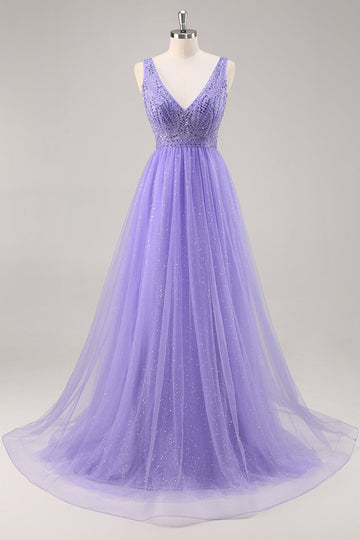 Sparkly Purple A Line Long Formal Dress with Beading